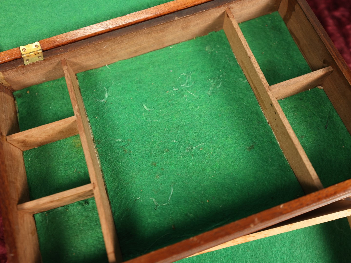 Lot 027 - Vintage Wooden Jewelry Box With Intricate Design, Inlay Styling, Lift Top With Drawer, Green Lining