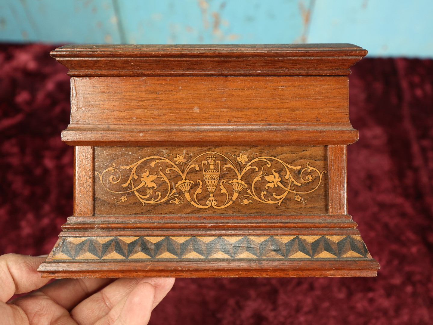 Lot 027 - Vintage Wooden Jewelry Box With Intricate Design, Inlay Styling, Lift Top With Drawer, Green Lining