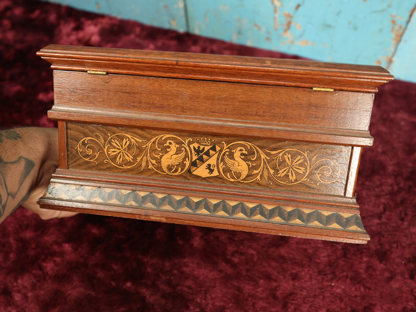 Lot 027 - Vintage Wooden Jewelry Box With Intricate Design, Inlay Styling, Lift Top With Drawer, Green Lining