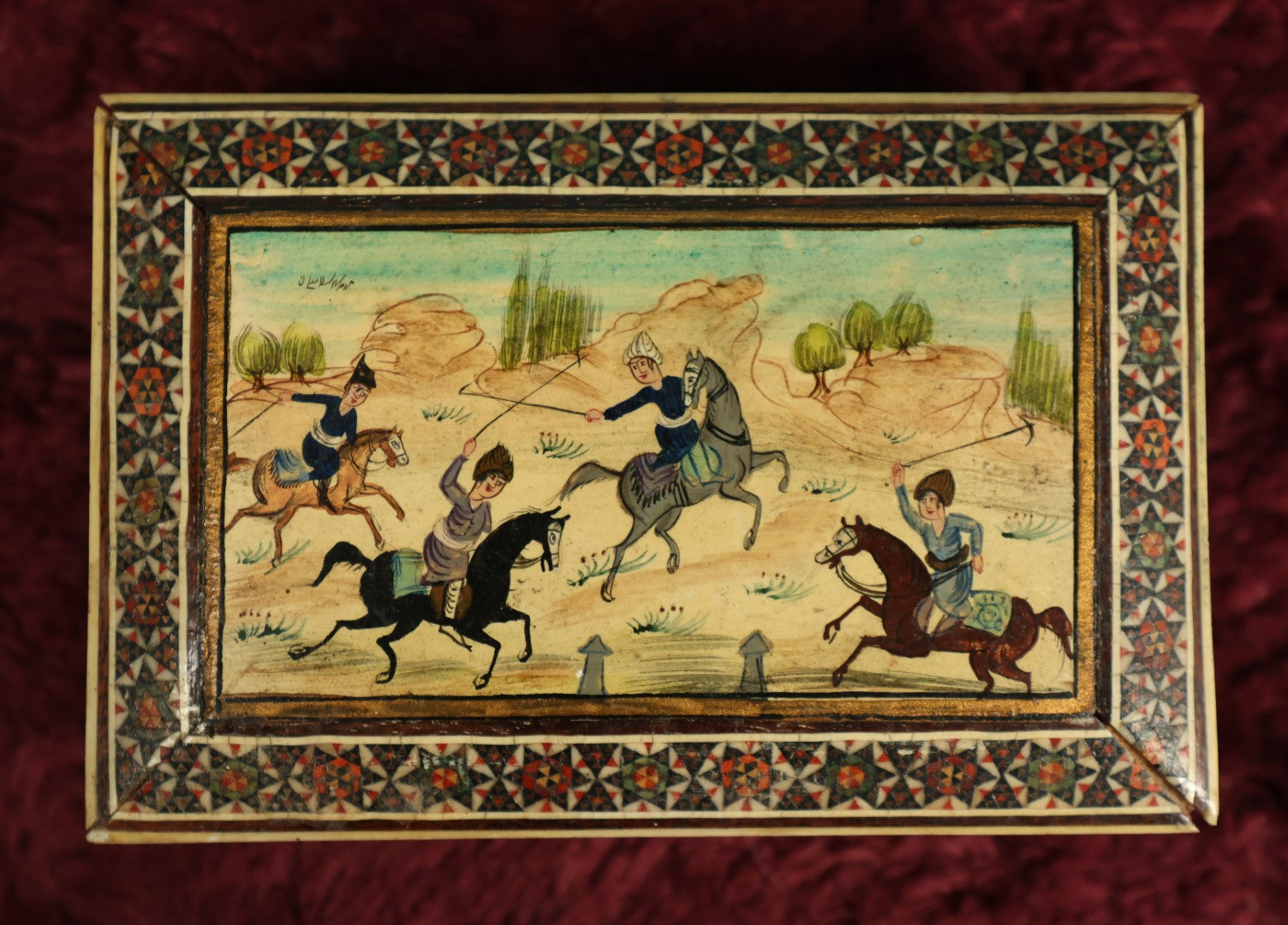 Lot 028 - Antique Micro Mosaic Hand Painted Bone Box Depicting Men On Horseback, Intricate Inlay, Note Wear And Losses, Likely Persian, Middle Eastern