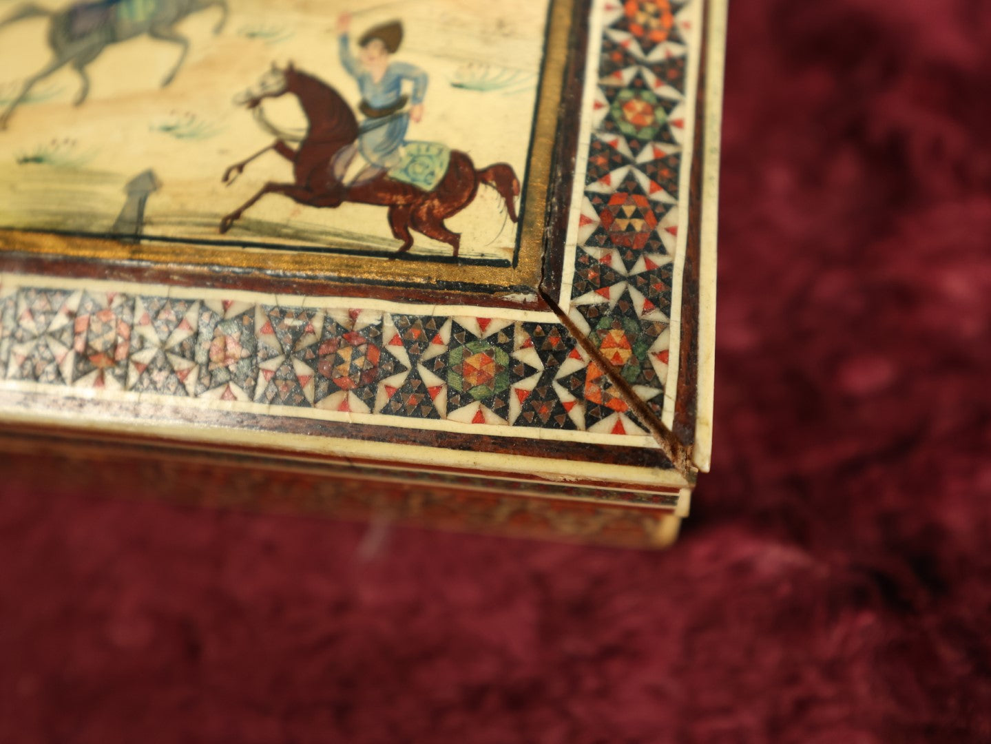 Lot 028 - Antique Micro Mosaic Hand Painted Bone Box Depicting Men On Horseback, Intricate Inlay, Note Wear And Losses, Likely Persian, Middle Eastern