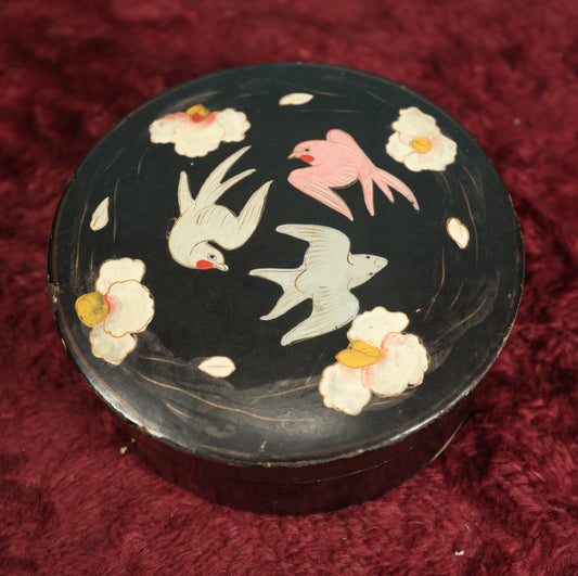 Lot 030 - Vintage Hand Painted Black Lacquered Box With Birds, Swallows Flying, Floral Design, Asian Origin