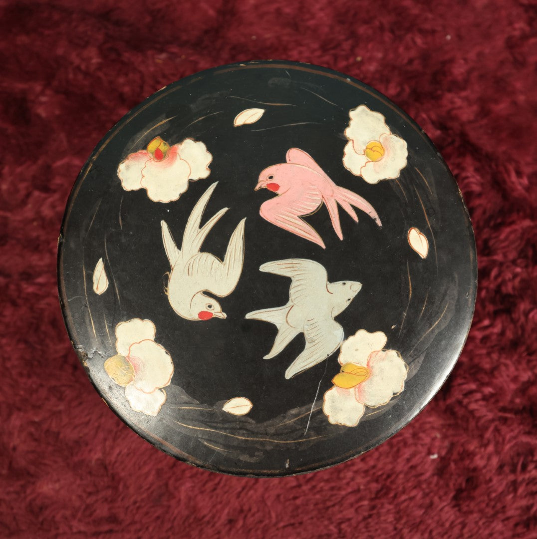 Lot 030 - Vintage Hand Painted Black Lacquered Box With Birds, Swallows Flying, Floral Design, Asian Origin