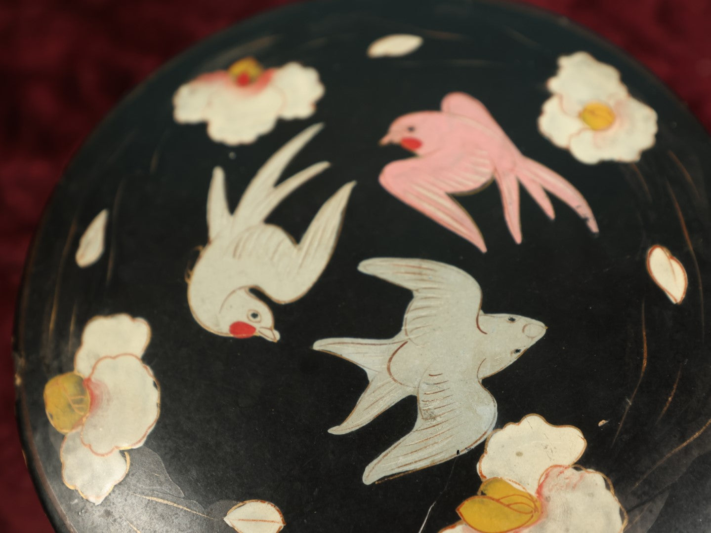 Lot 030 - Vintage Hand Painted Black Lacquered Box With Birds, Swallows Flying, Floral Design, Asian Origin