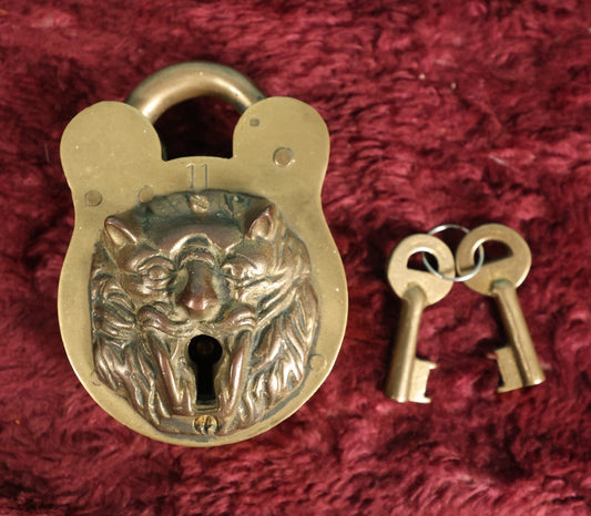 Lot 036 - Vintage Reproduction Of An Antique Lion Face Lock With Two Keys, Patented February 18,1896 (Circa 1970s Repro), Decorative And Functional