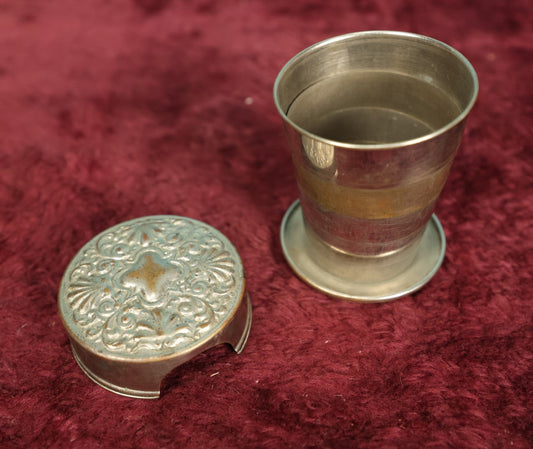 Lot 037 - Antique Silver Plate Collapsible Cyclist's Cup With Lid, Ornate Design, Patented 1897, Made In U.S.A.