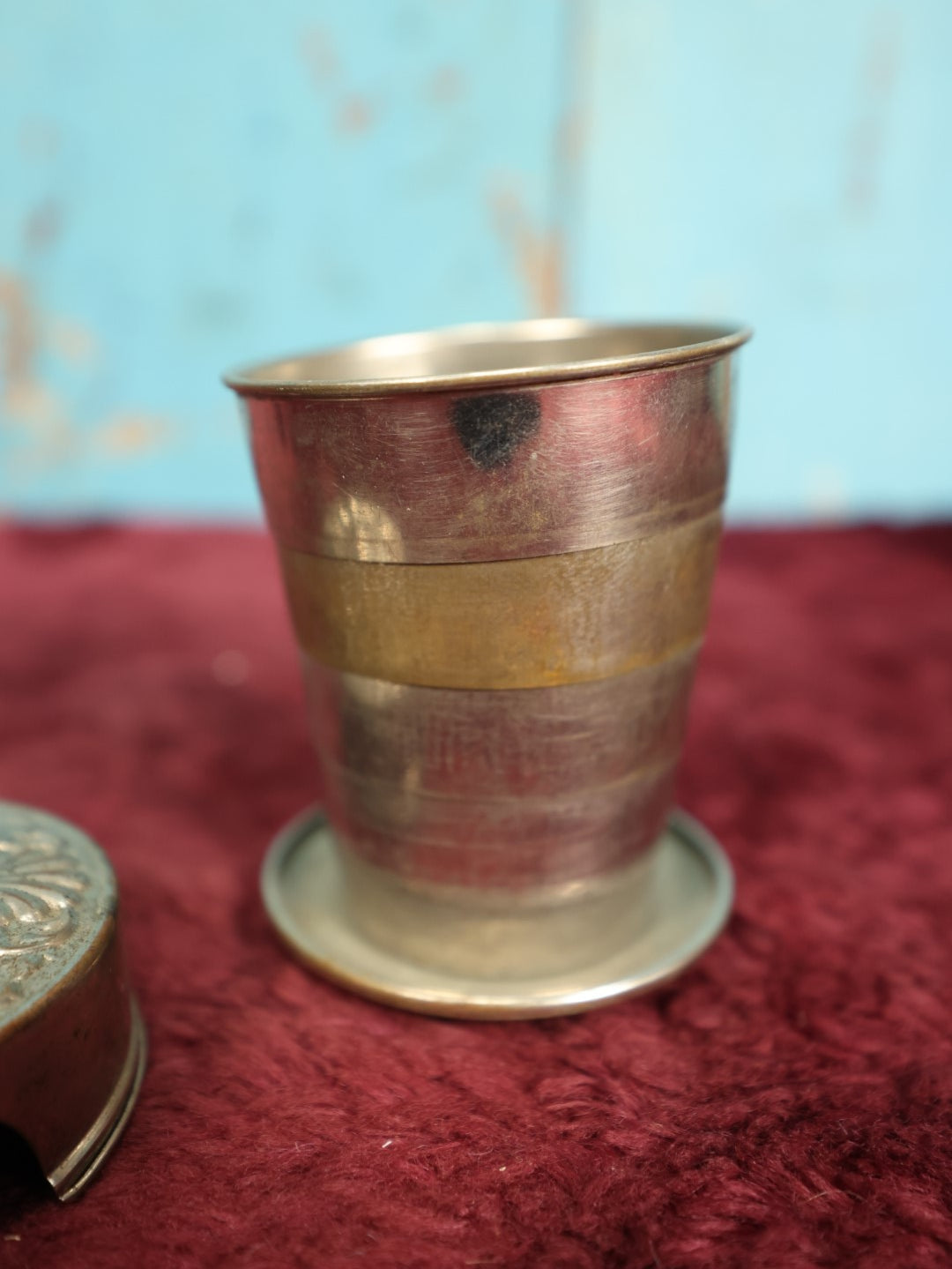 Lot 037 - Antique Silver Plate Collapsible Cyclist's Cup With Lid, Ornate Design, Patented 1897, Made In U.S.A.