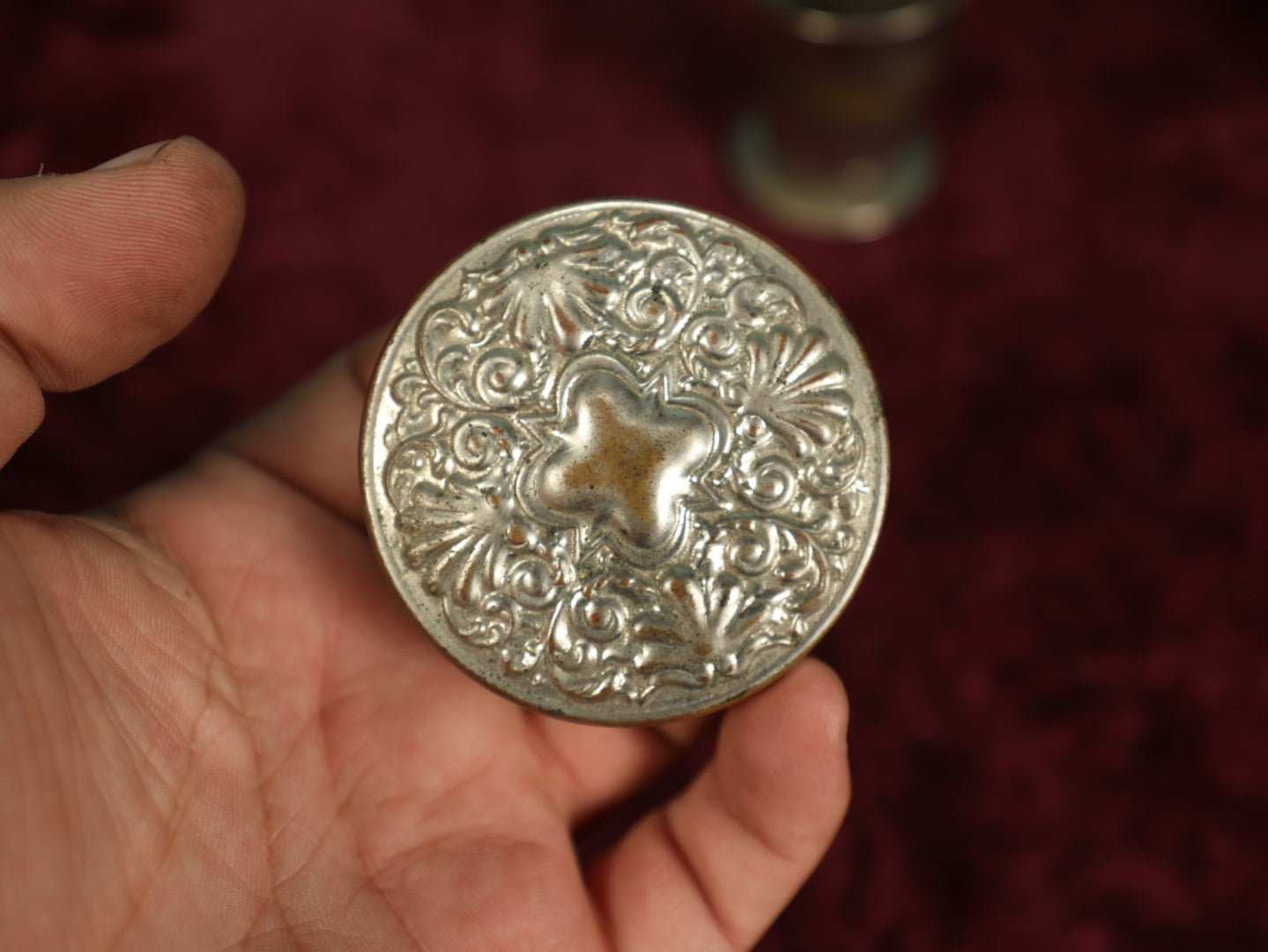 Lot 037 - Antique Silver Plate Collapsible Cyclist's Cup With Lid, Ornate Design, Patented 1897, Made In U.S.A.