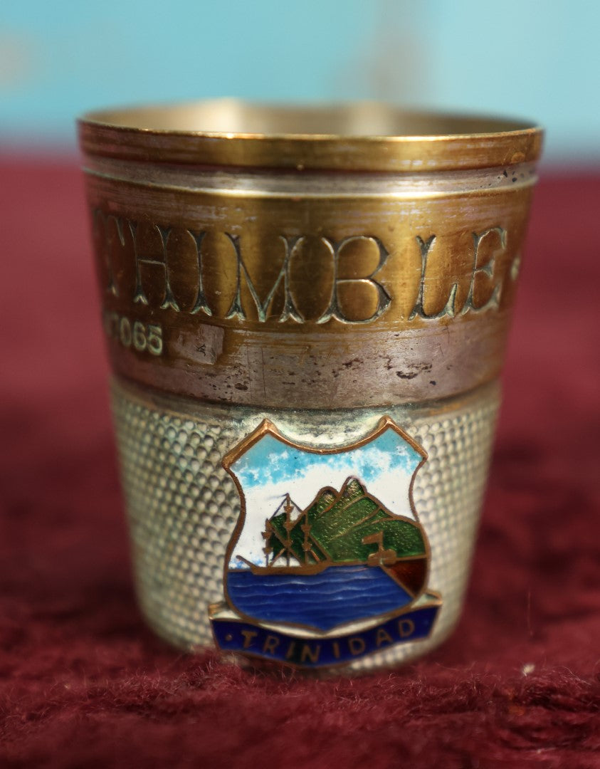 Lot 038 - Antique English "Just A Thimble Full" Novelty Shot Glass, Souvenir Of Trinidad, Marked R.D. 707065