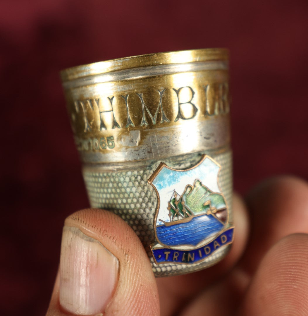 Lot 038 - Antique English "Just A Thimble Full" Novelty Shot Glass, Souvenir Of Trinidad, Marked R.D. 707065