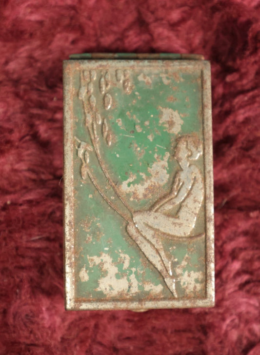 Lot 039 - Antique Art Deco Match Holder Pill Box With Remnants Of Green Paint, Nude Woman On Swing, Note Heavy Wear, Paint Loss, Given To John K. From Karen