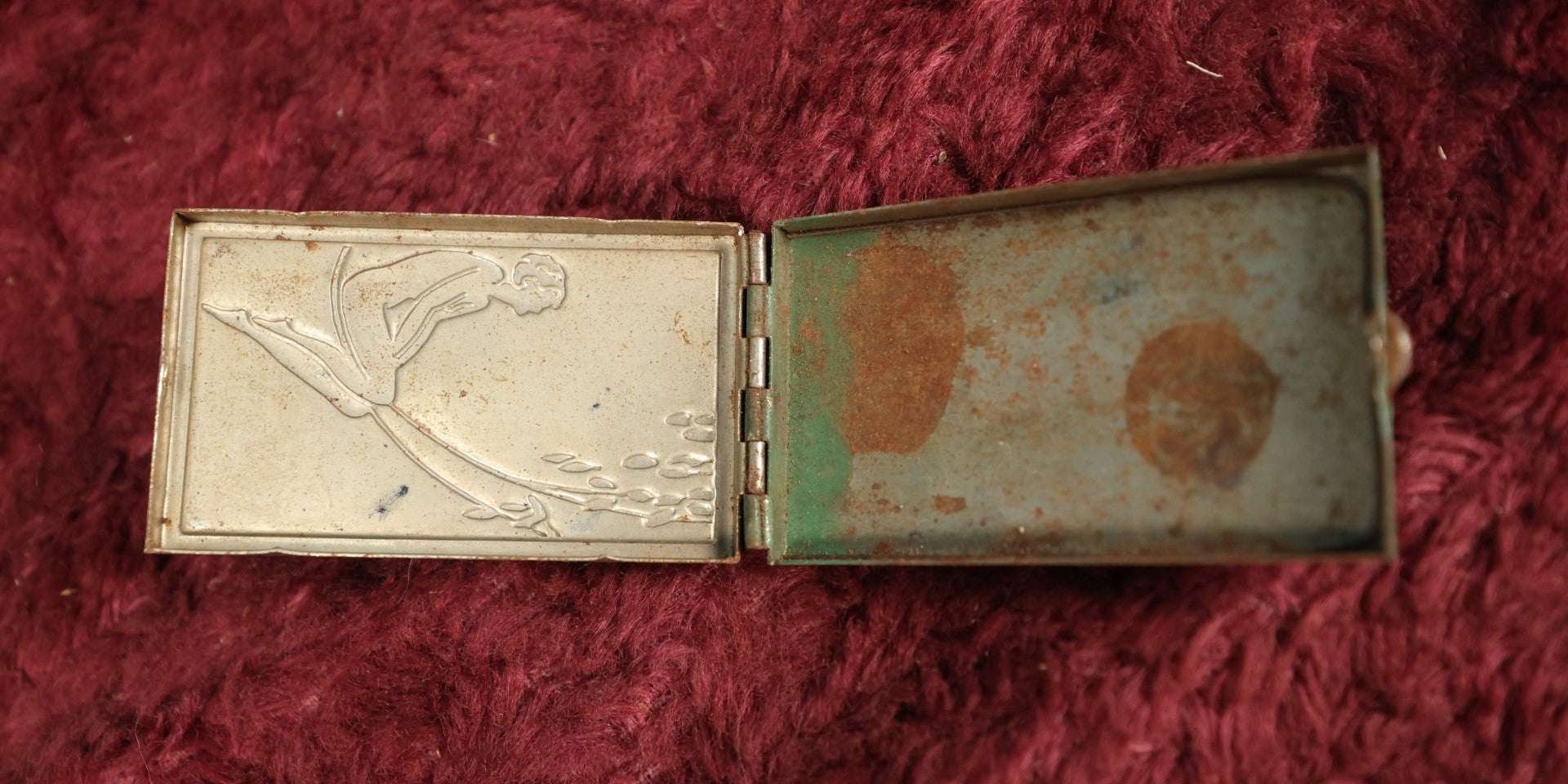 Lot 039 - Antique Art Deco Match Holder Pill Box With Remnants Of Green Paint, Nude Woman On Swing, Note Heavy Wear, Paint Loss, Given To John K. From Karen