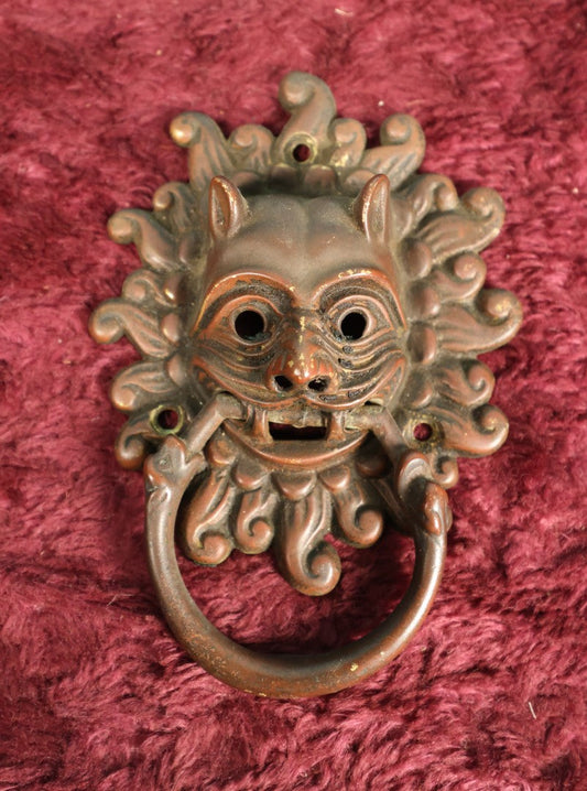 Lot 042 - Guardian Lion Face Cast Metal Sanctuary Door Knocker, Likely A Vintage Fantasy Piece, Highly Decorative