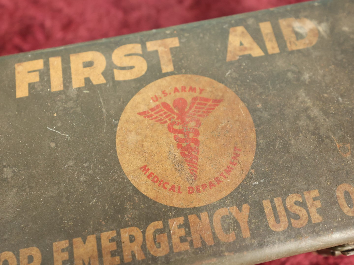 Lot 044 - Vintage U.S. Army Medical Department First Aid Kit Metal Box, For Emergency Use, Empty, With Handles