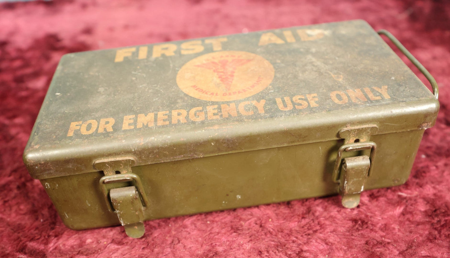 Lot 044 - Vintage U.S. Army Medical Department First Aid Kit Metal Box, For Emergency Use, Empty, With Handles