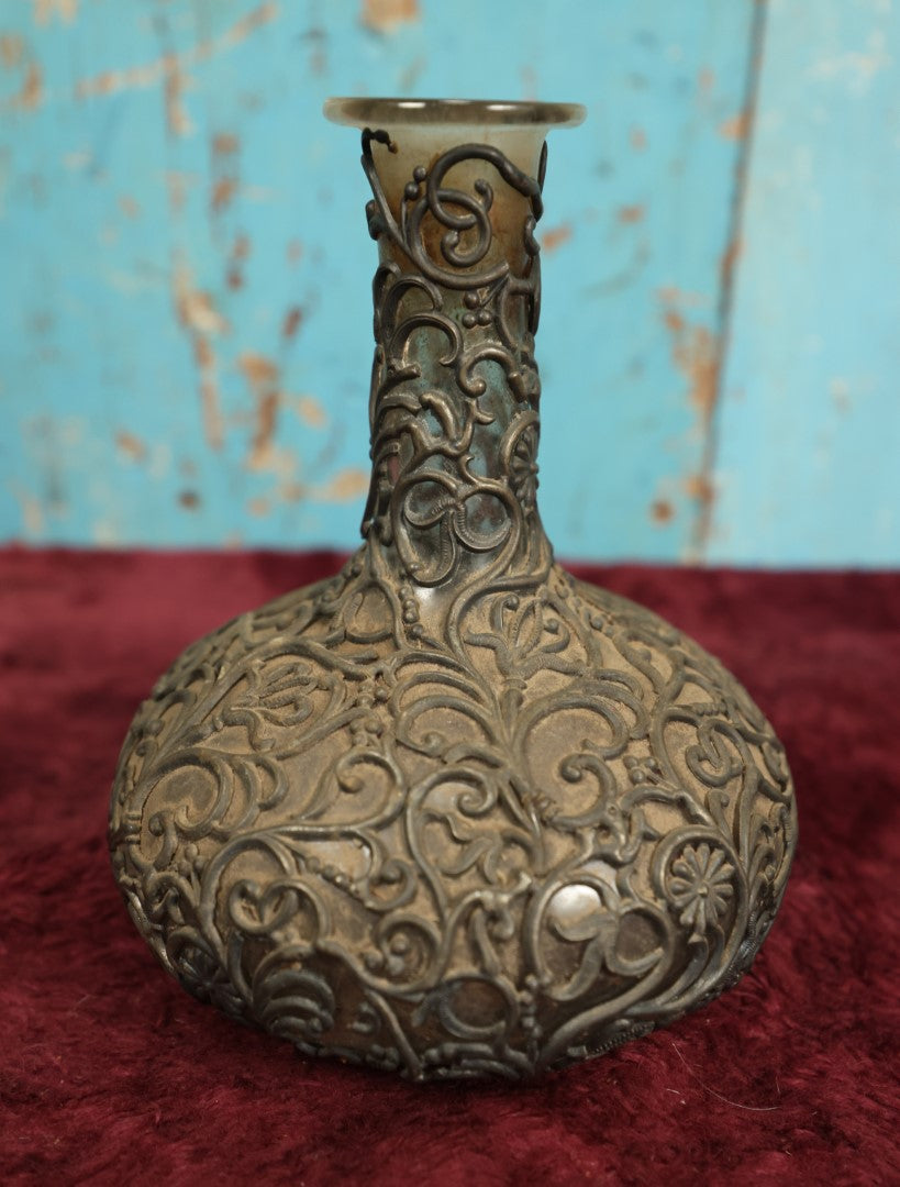 Lot 046 - Antique Glass Bottle Decanter Covered In Ornate Metal Latticework, No Stopper