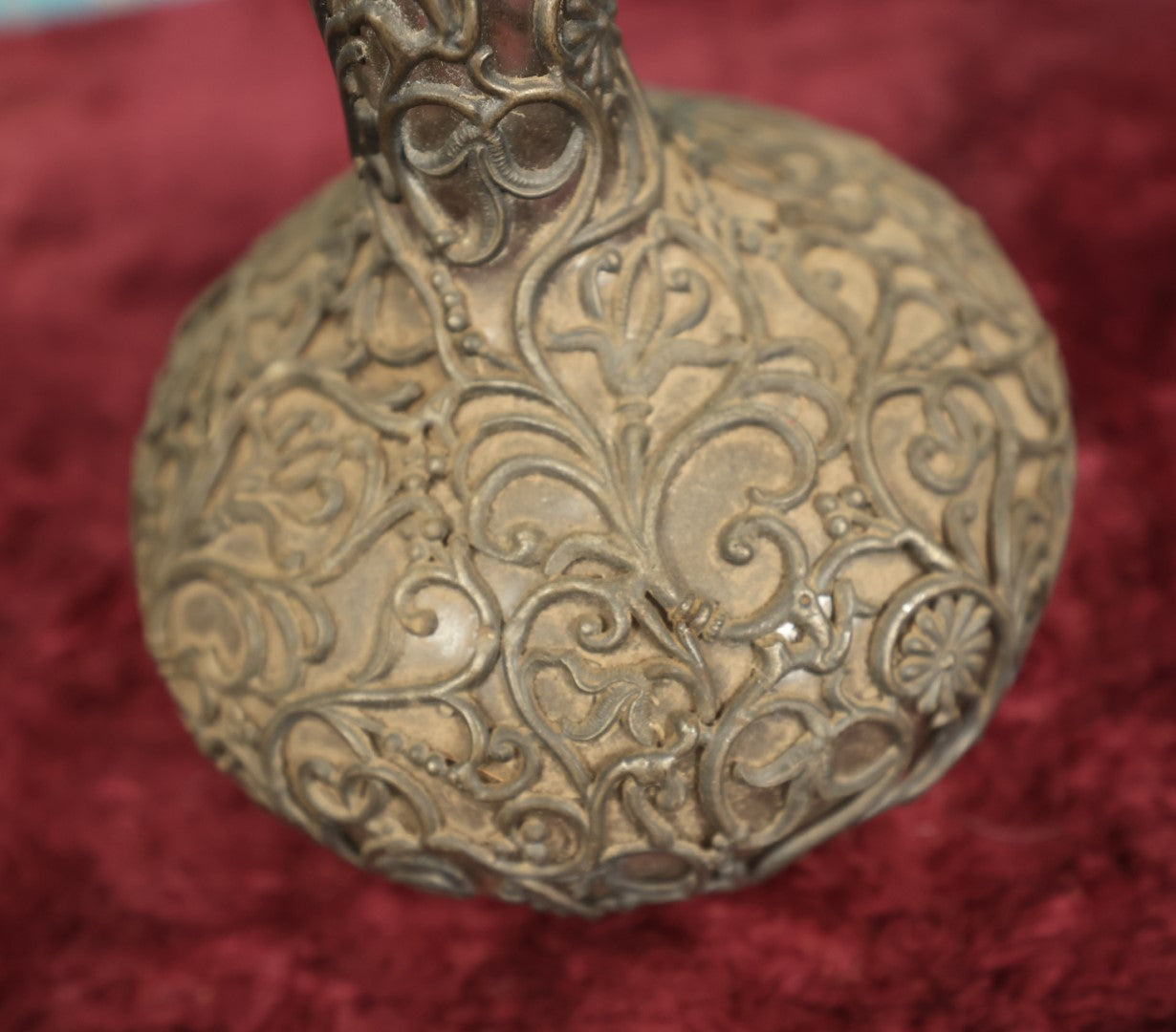 Lot 046 - Antique Glass Bottle Decanter Covered In Ornate Metal Latticework, No Stopper