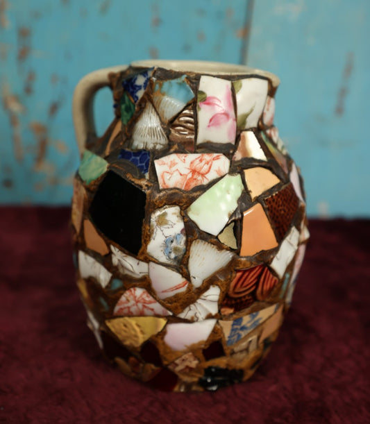 Lot 050 - Vintage Ceramic Memory Jug, Small Pitcher Plastered With Various Pieces Of Porcelain, Ceramics, And More