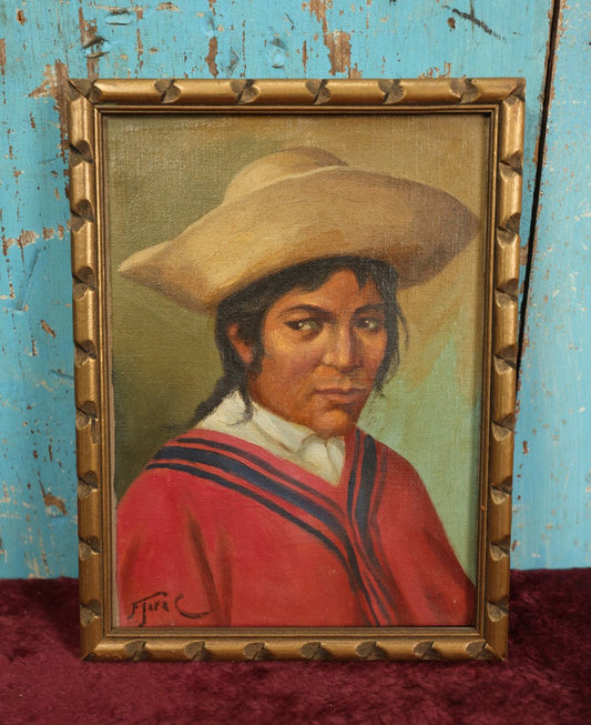 Lot 057 - Vintage Mexican, South American Oil On Canvas Portrait Painting Of Man In Sombrero, Signed Flara C.