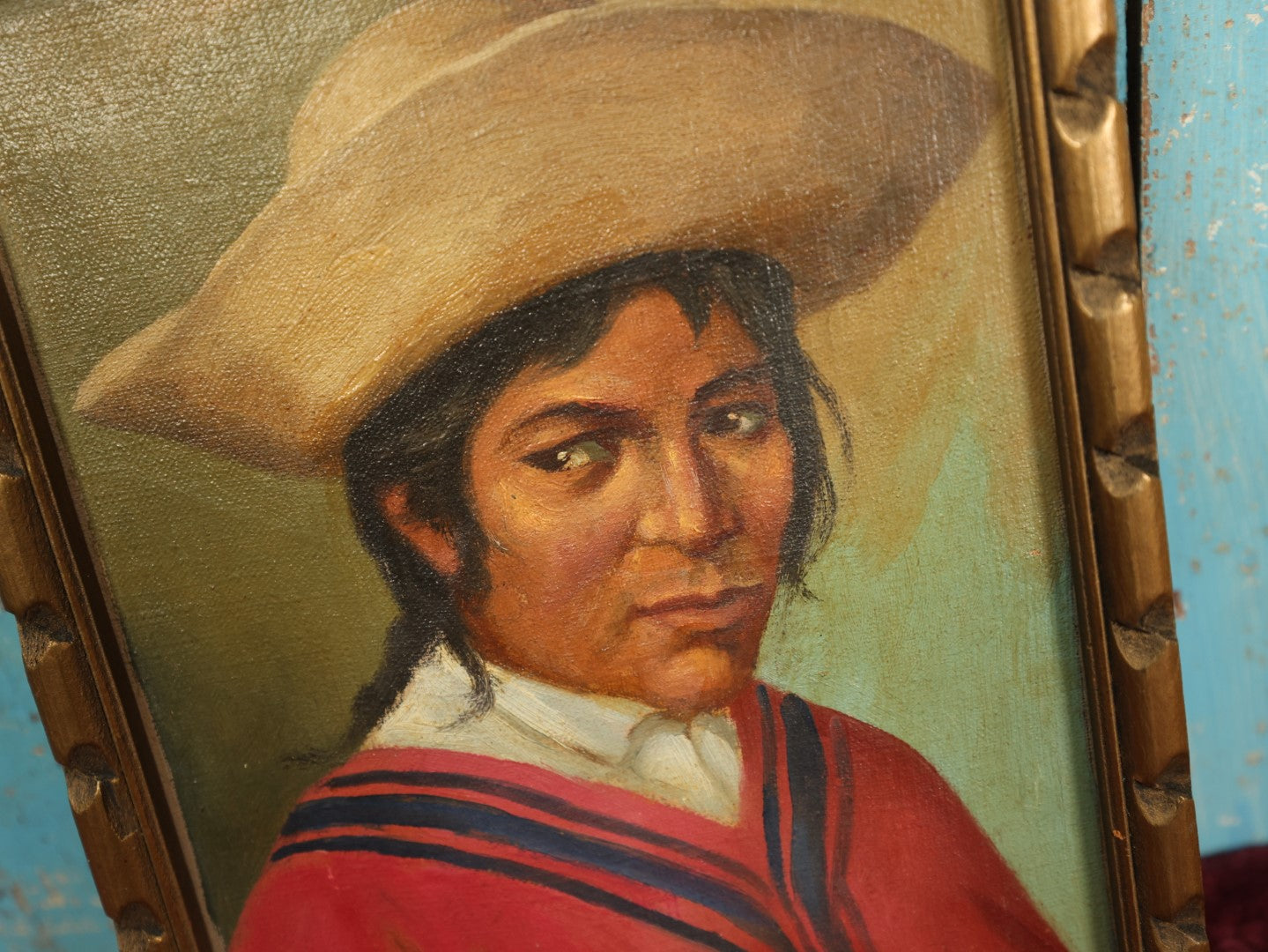 Lot 057 - Vintage Mexican, South American Oil On Canvas Portrait Painting Of Man In Sombrero, Signed Flara C.