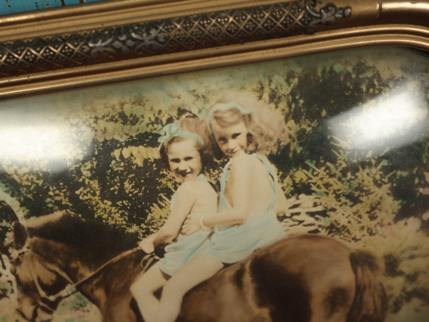 Lot 062 - Vintage Framed Bubble Glass Photo Of Two Girls Riding Pony, Identified On Back, Eunice Crissey Kelley, Virginia Crissey Wisner, 1938