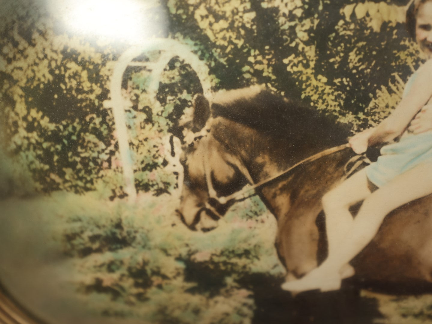 Lot 062 - Vintage Framed Bubble Glass Photo Of Two Girls Riding Pony, Identified On Back, Eunice Crissey Kelley, Virginia Crissey Wisner, 1938