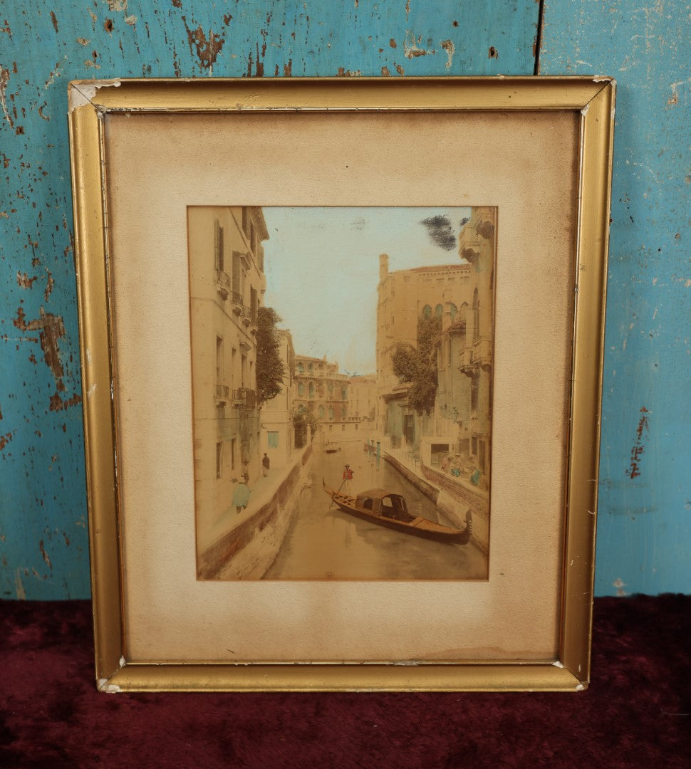 Lot 063 - Early Antique Hand Colored Photograph Of A Venice Canal, Italy, In Original Frame Wood Back