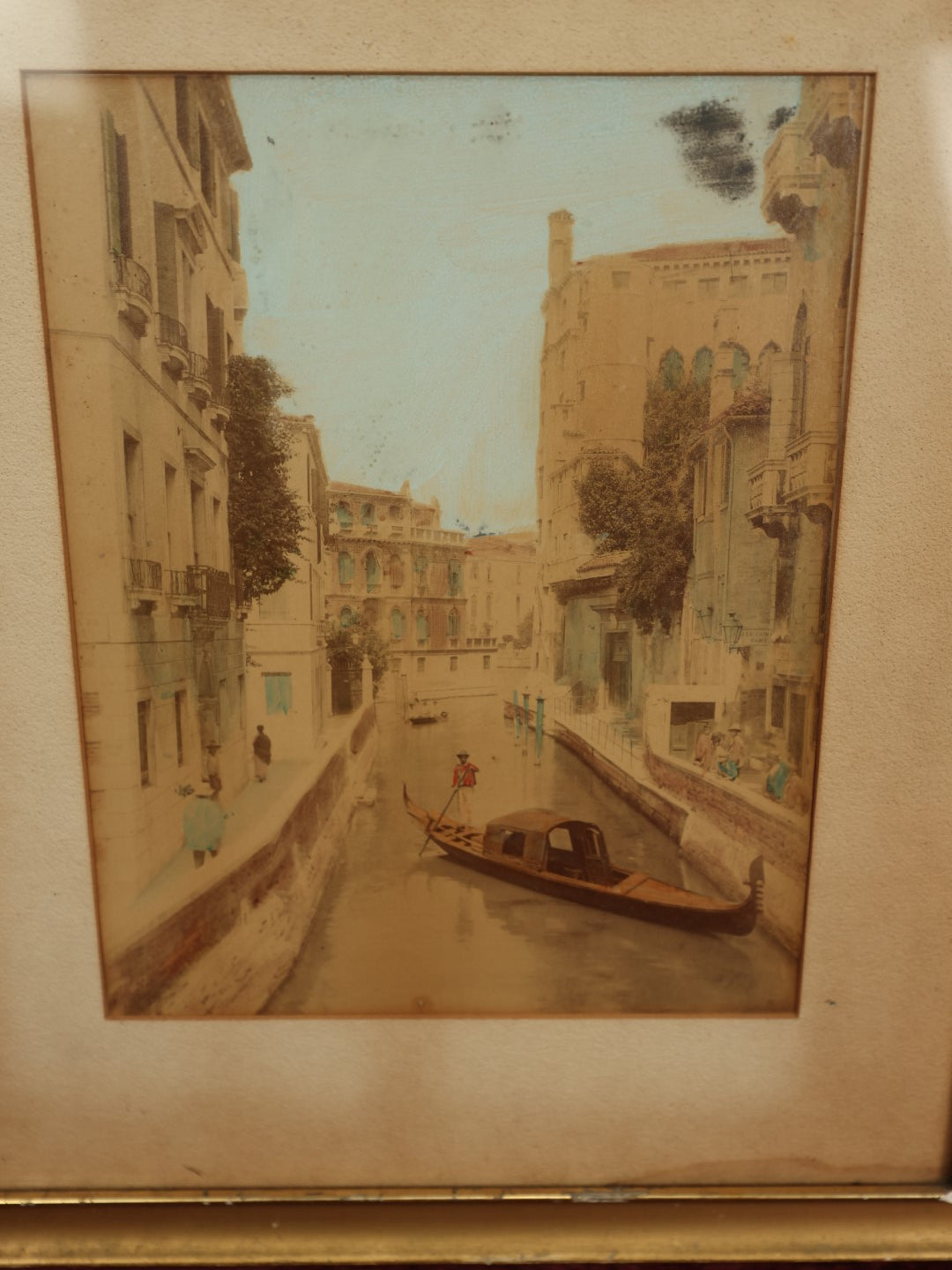 Lot 063 - Early Antique Hand Colored Photograph Of A Venice Canal, Italy, In Original Frame Wood Back