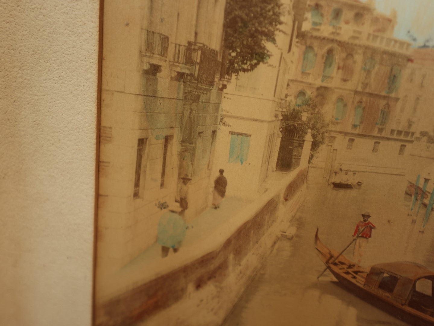 Lot 063 - Early Antique Hand Colored Photograph Of A Venice Canal, Italy, In Original Frame Wood Back