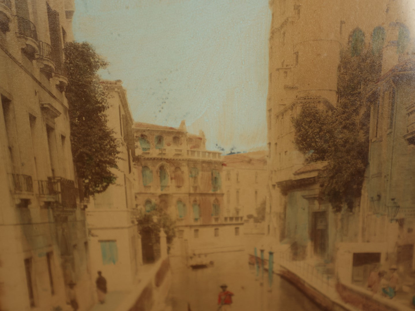 Lot 063 - Early Antique Hand Colored Photograph Of A Venice Canal, Italy, In Original Frame Wood Back