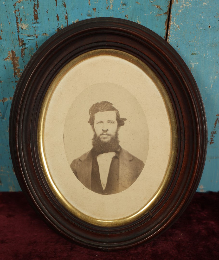 Lot 065 - Antique Oval Framed Photo Of Young Man With Large Beard, Original Frame, Wood Back