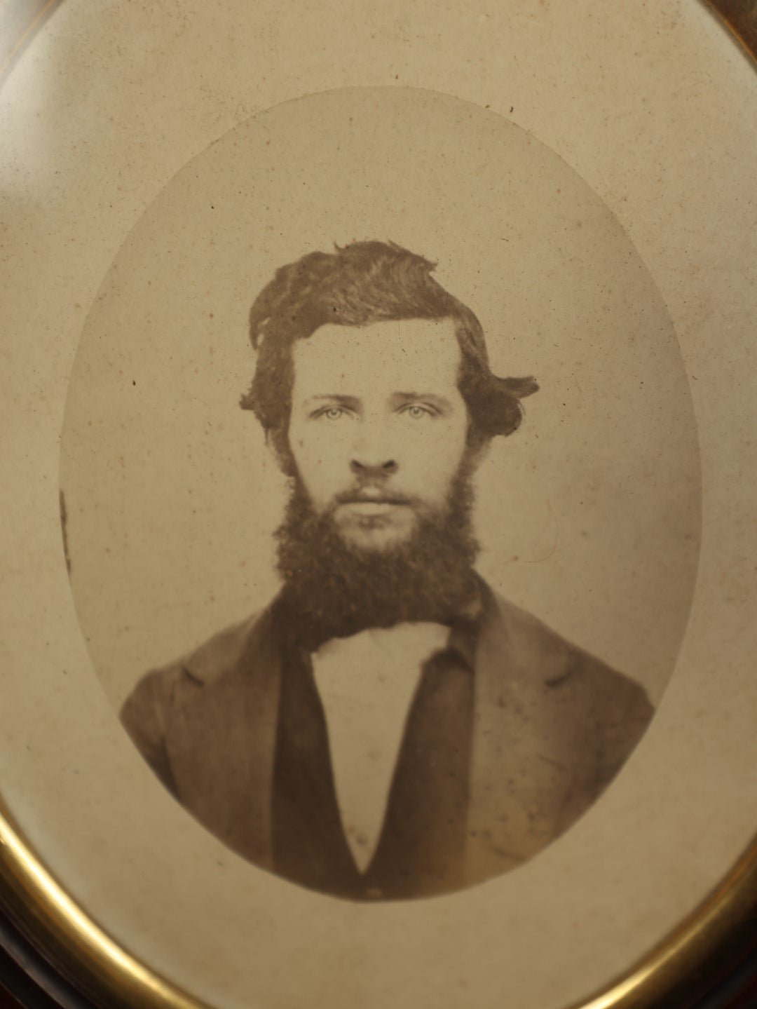 Lot 065 - Antique Oval Framed Photo Of Young Man With Large Beard, Original Frame, Wood Back