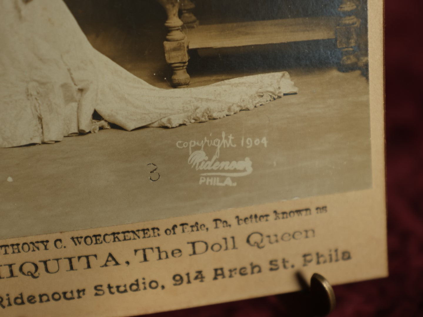 Lot 066 - Antique Side Show Cabinet Card Of Little Person Mrs. Anthony C. Woeckener Of Erie, Pennsylvania, Better Known As Chiquita, The Doll Queen, C.E. Ridenour Studio Photographers, Philadelphia, Pennsylvania, Copyright 1904