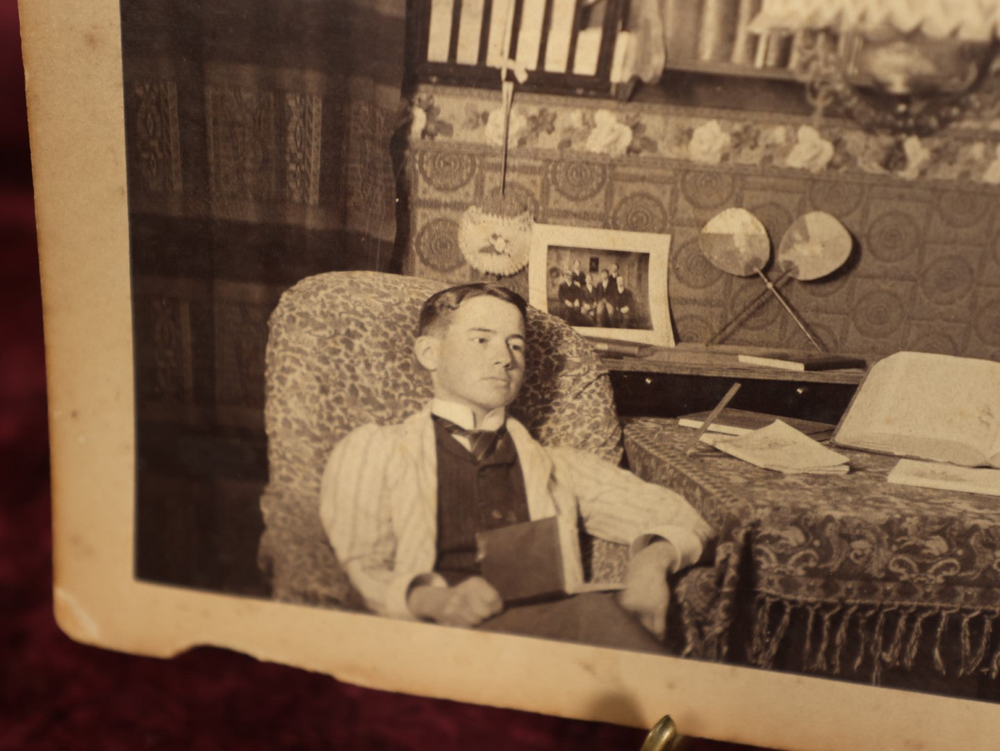 Lot 067 - Antique Interior Boarded Photo, Likely From A College Campus, Of Two Men With Tennis Rackets, Early Light Fixtures, Furniture, Back Marked Professor N.J. Merrill, 1889