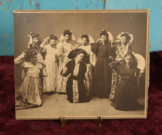 Lot 069 - Antique Boarded Group Photo Of Nine Women In Kimonos With Fans, Trimmed On Side