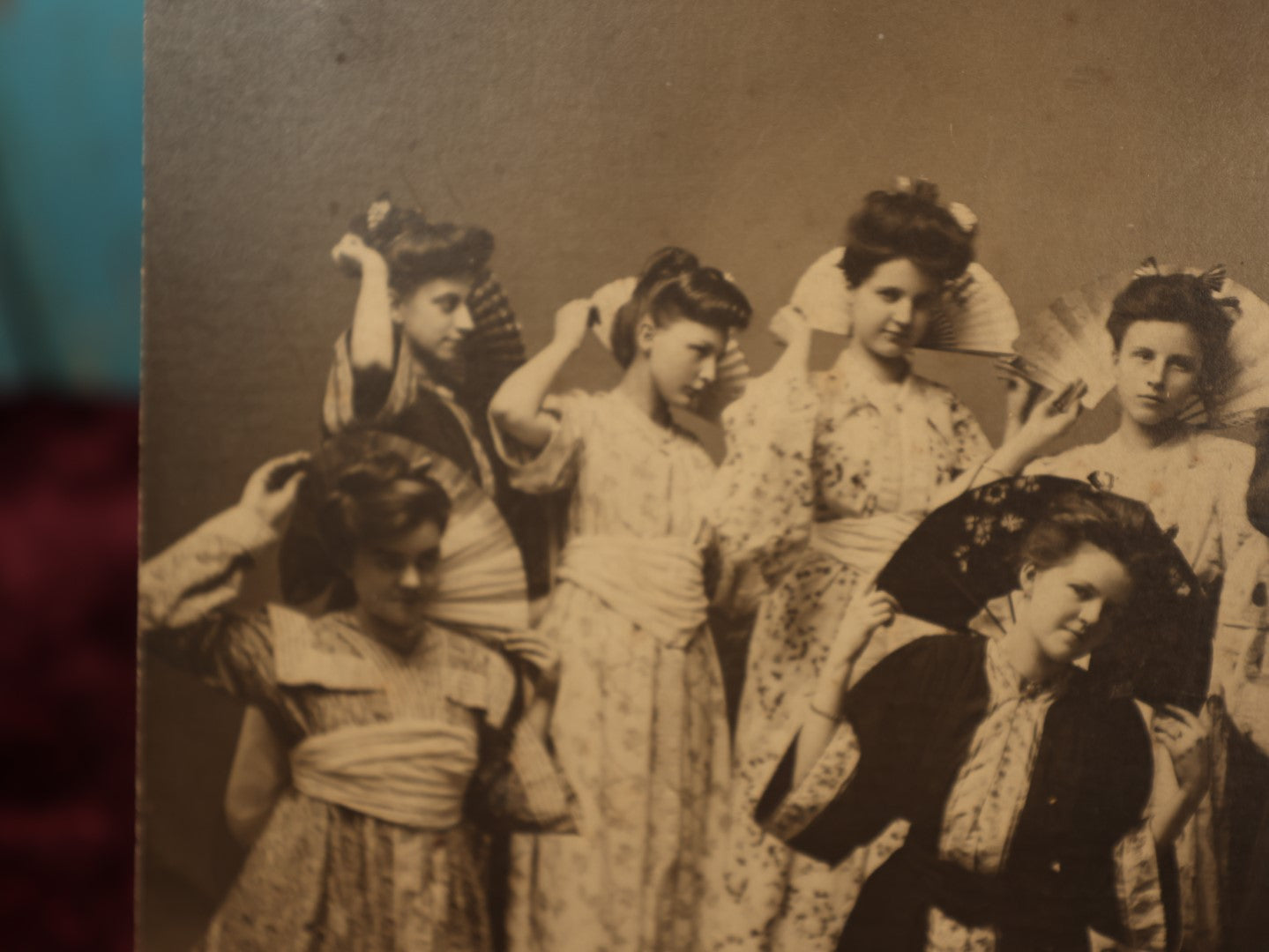 Lot 069 - Antique Boarded Group Photo Of Nine Women In Kimonos With Fans, Trimmed On Side