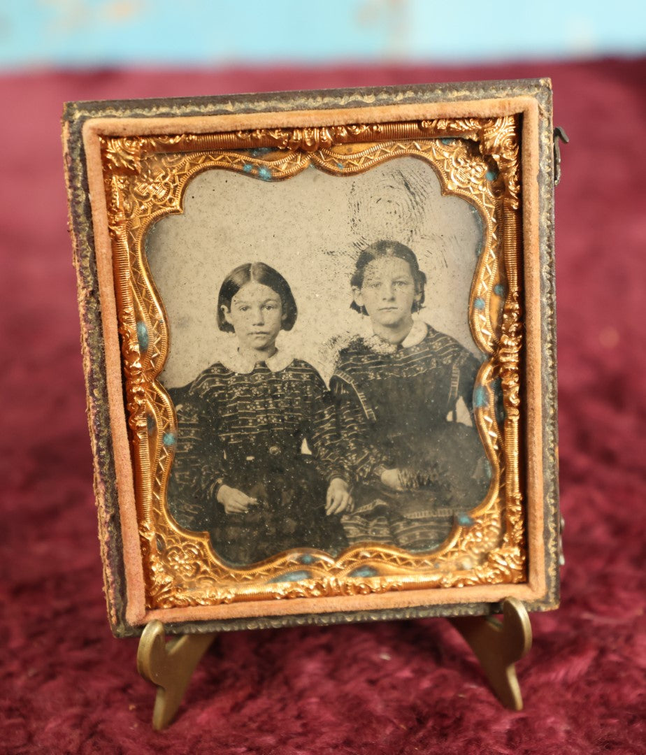 Lot 072 - Antique 1/6th Plate Ambrotype Photograph Of Two Young Sisters In Full Split Case, Note Wear To Photo