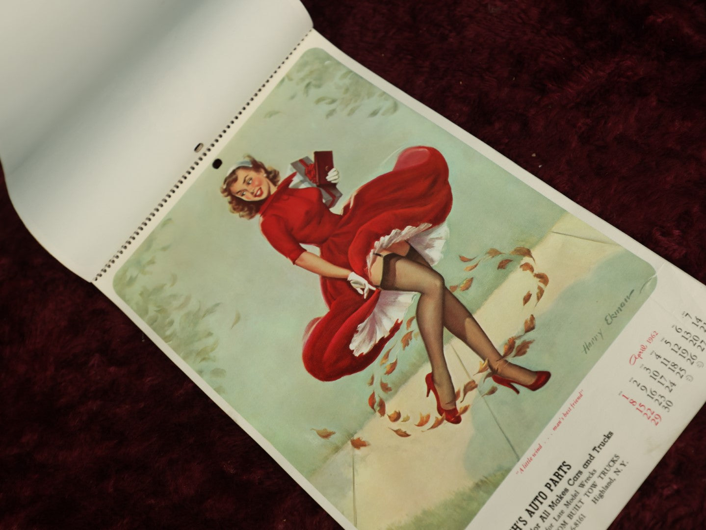 Lot 076 - Vintage 1962 Pin-Up Advertising Calendar With Risque Women, Advertising For Gersh's Auto Parts, Highland, New York, Has All Months, No Cover, Illustrations By Earl Moran And Harry Keman