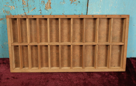 Lot 089 - Vintage Blonde Colored Wood Letter Press Divided Box Tray With Numbered Sections, Particle Board Backing