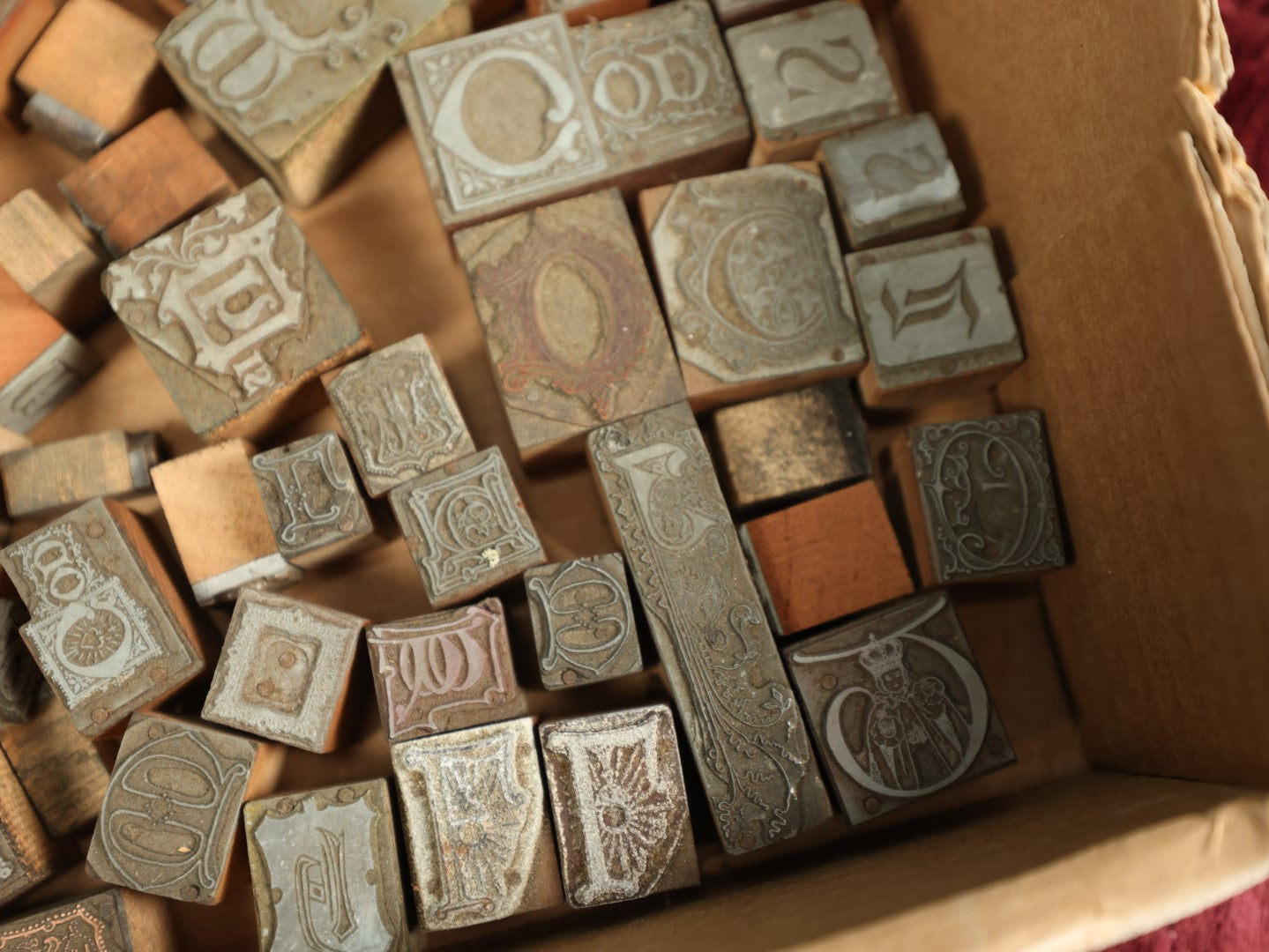 Lot 091 - Grouping Of Antique Letter Press Printing Block Stamps, Mostly Letters, Collection Of 50+ And Extras, Old English, Gothic Type Set, Steampunk