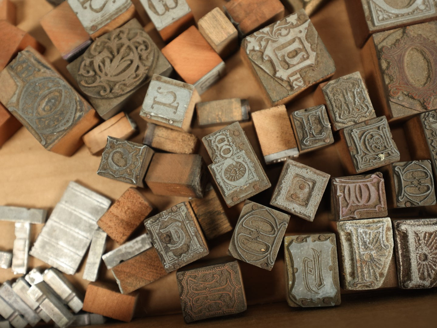 Lot 091 - Grouping Of Antique Letter Press Printing Block Stamps, Mostly Letters, Collection Of 50+ And Extras, Old English, Gothic Type Set, Steampunk