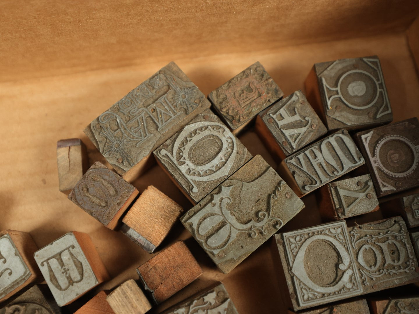 Lot 091 - Grouping Of Antique Letter Press Printing Block Stamps, Mostly Letters, Collection Of 50+ And Extras, Old English, Gothic Type Set, Steampunk