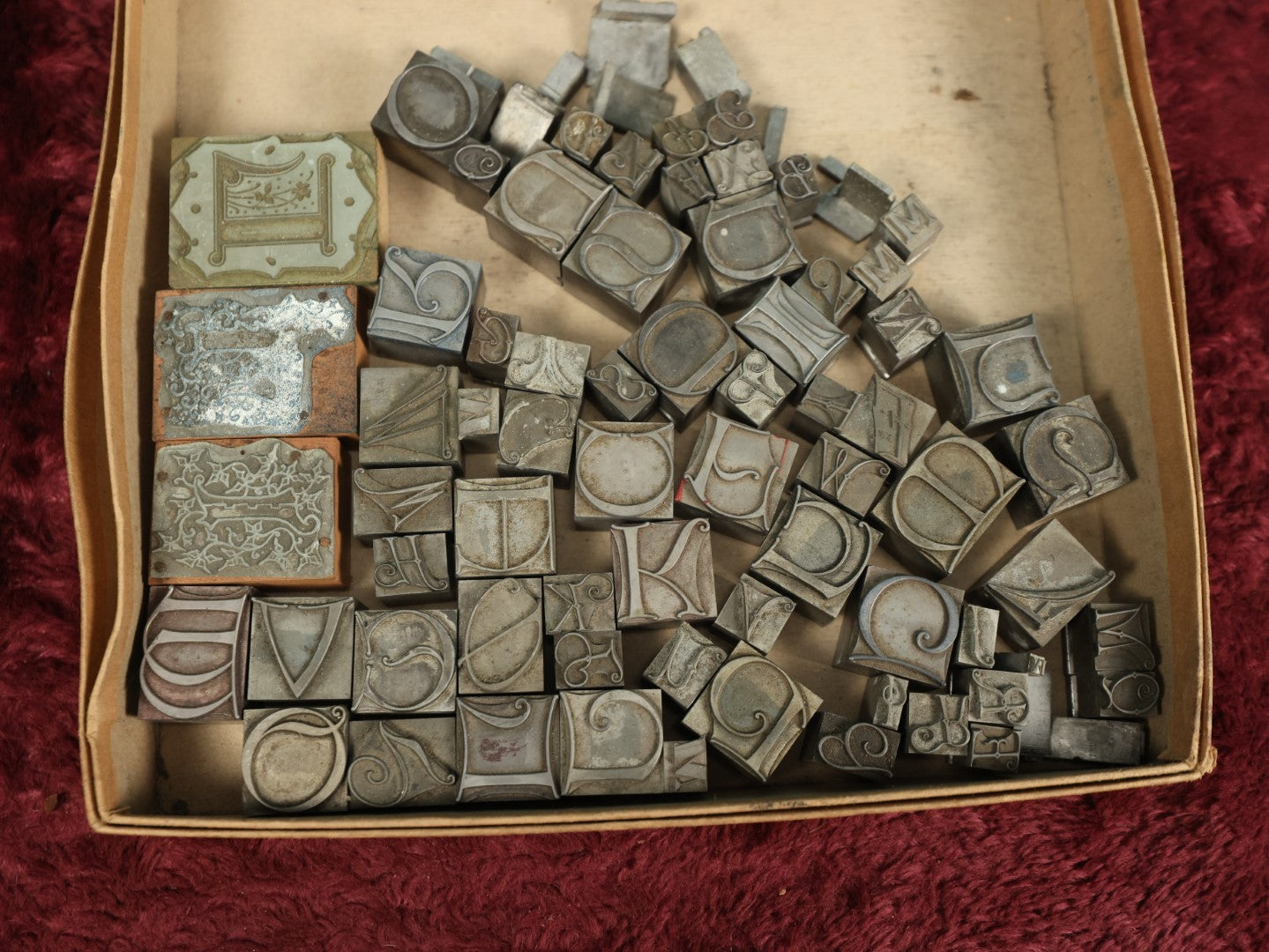 Lot 092 - Grouping Of Antique Solid Metal Letter Press Printing Block Stamps, Curvy Letters And More, 50+, Drop Caps, And Others