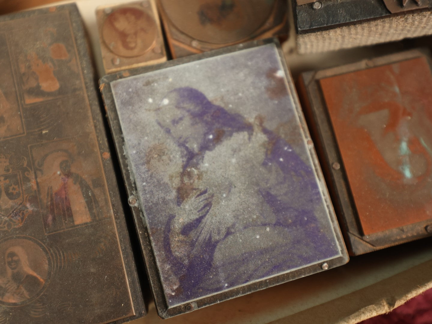 Lot 094 - Grouping Of Antique Religious Printing Blocks Letter Press Stamps Mostly Depicting Jesus, Religiuous Scenes, Larger Size Blocks, 10+ Pieces