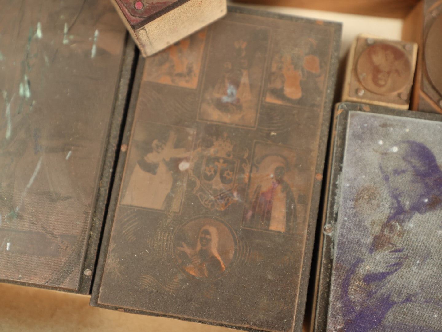 Lot 094 - Grouping Of Antique Religious Printing Blocks Letter Press Stamps Mostly Depicting Jesus, Religiuous Scenes, Larger Size Blocks, 10+ Pieces