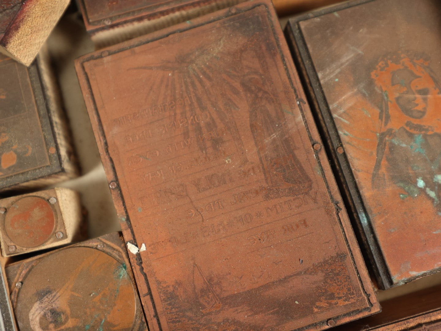 Lot 094 - Grouping Of Antique Religious Printing Blocks Letter Press Stamps Mostly Depicting Jesus, Religiuous Scenes, Larger Size Blocks, 10+ Pieces