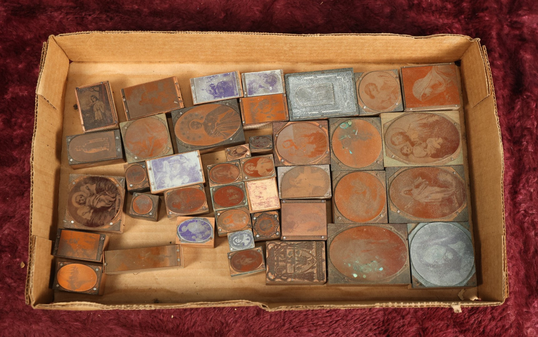 Lot 095 - Grouping Of Antique Religious Printing Blocks Letter Press Stamps, Many Smaller And Medium Sized Depicting Jesus, Mary, Christian Figures, 35+ Pieces