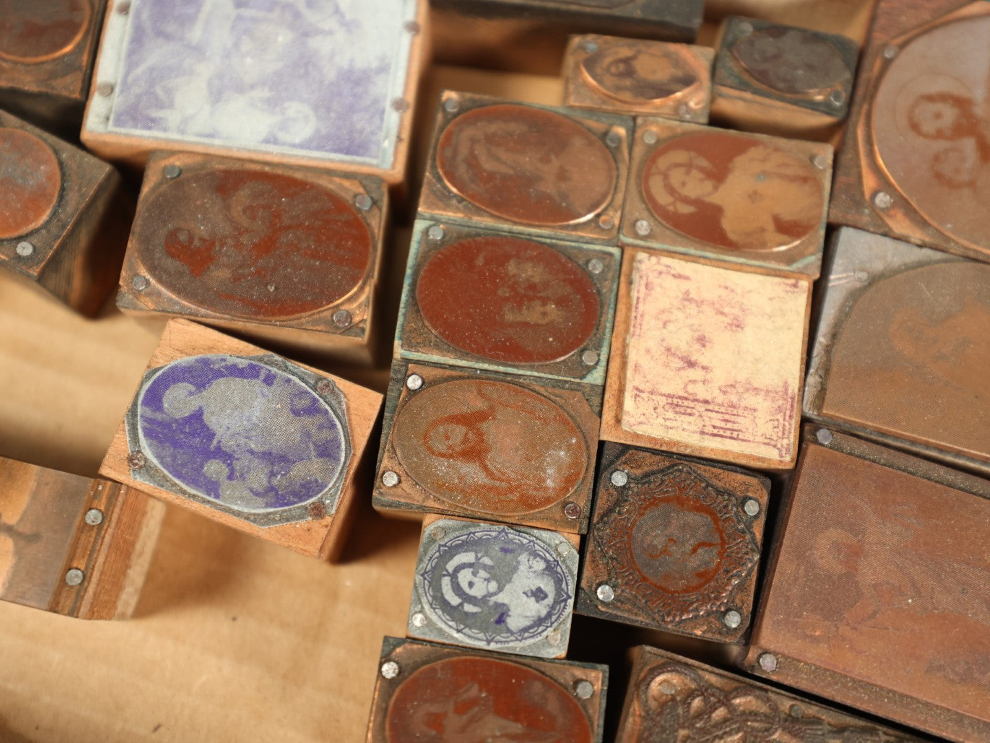 Lot 095 - Grouping Of Antique Religious Printing Blocks Letter Press Stamps, Many Smaller And Medium Sized Depicting Jesus, Mary, Christian Figures, 35+ Pieces