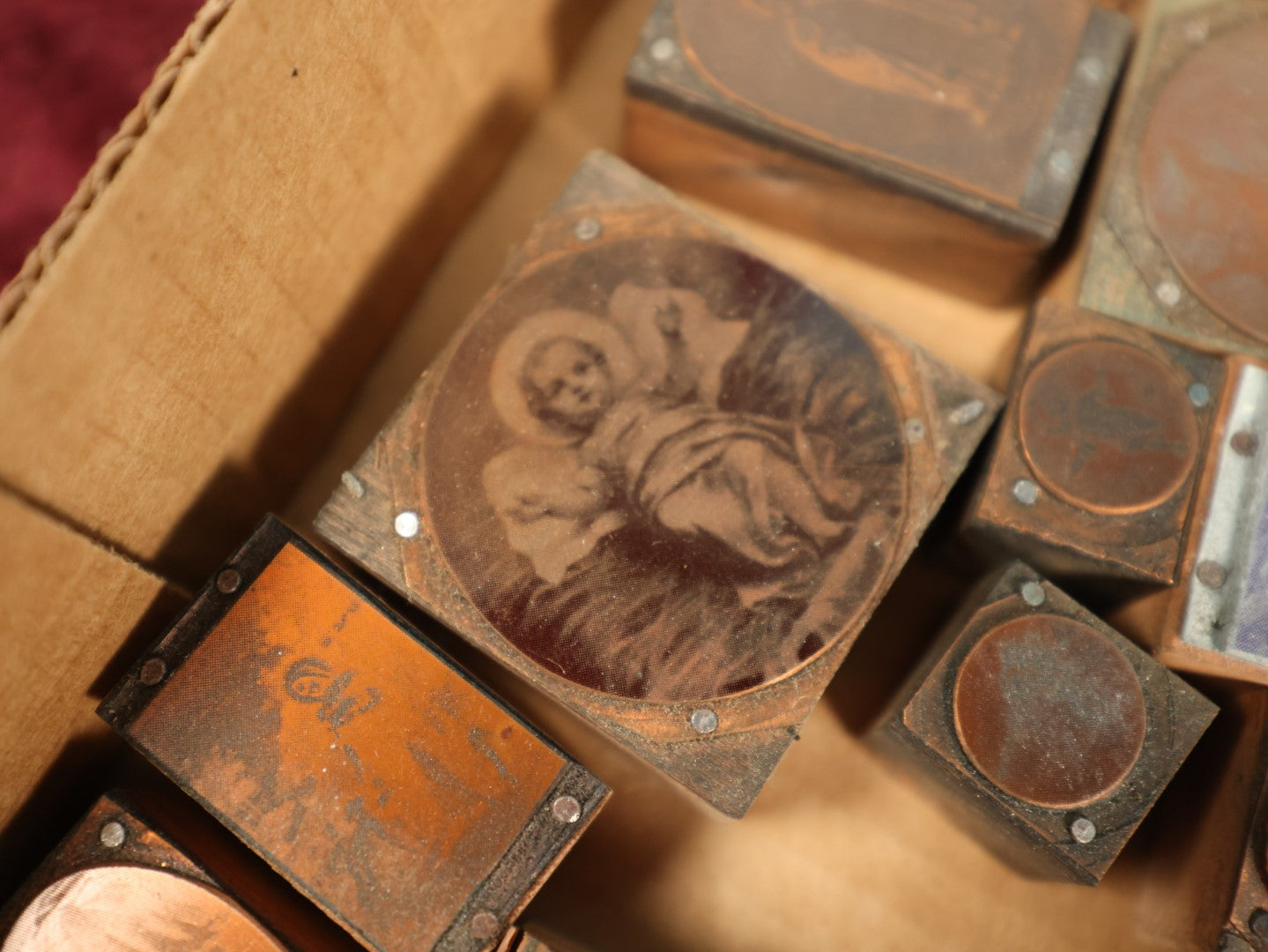 Lot 095 - Grouping Of Antique Religious Printing Blocks Letter Press Stamps, Many Smaller And Medium Sized Depicting Jesus, Mary, Christian Figures, 35+ Pieces