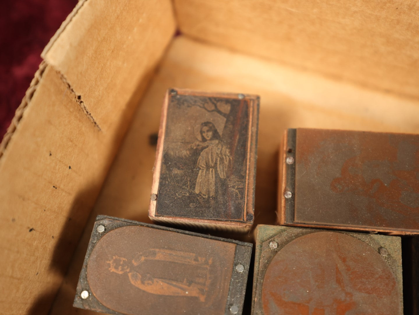 Lot 095 - Grouping Of Antique Religious Printing Blocks Letter Press Stamps, Many Smaller And Medium Sized Depicting Jesus, Mary, Christian Figures, 35+ Pieces